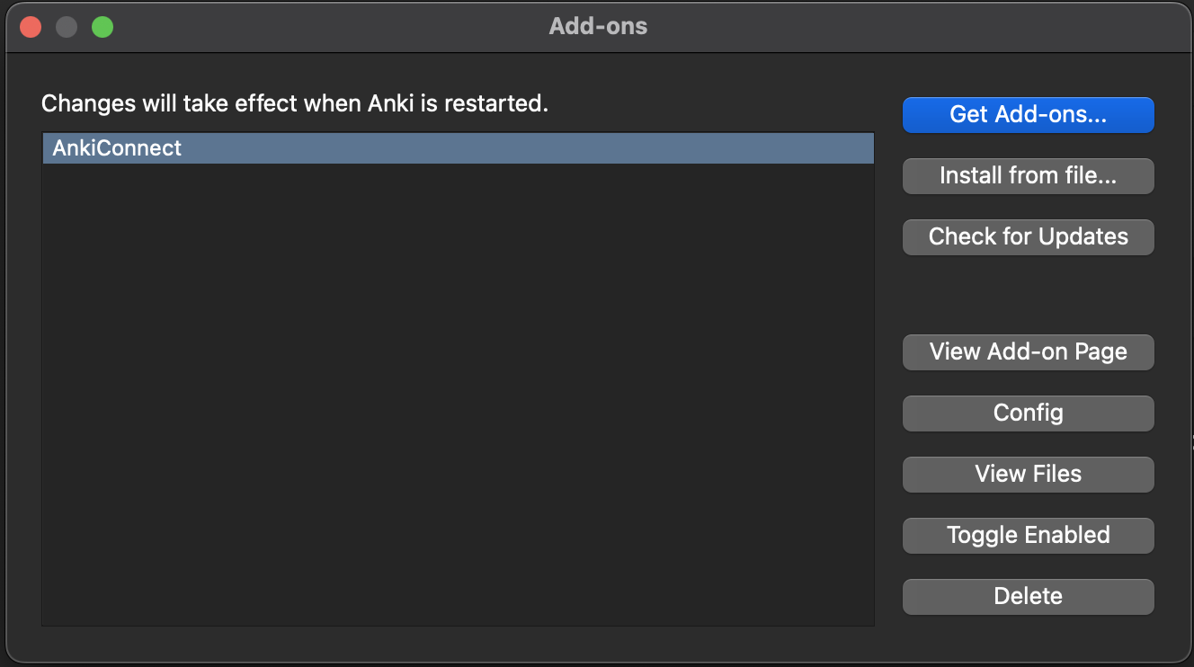 Anki-Connect configuration menu